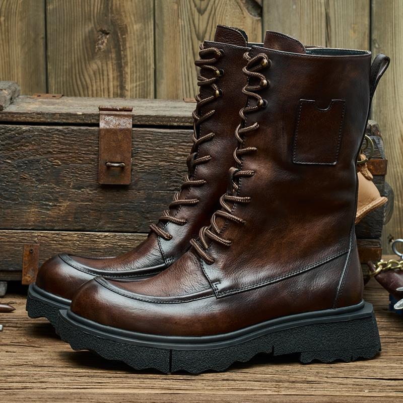 潮男牛皮马丁靴时尚长筒男靴休闲皮靴网红皮鞋潮流高帮男皮鞋