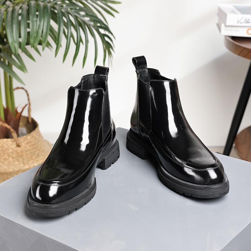 男鞋秋冬切尔西男士皮靴真皮短筒男鞋高帮亮面牛皮漆皮马丁靴